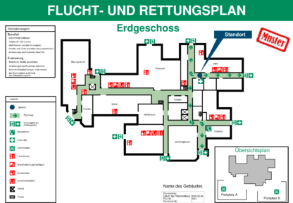 Ein Flucht- und Rettungswegplan, der mit der Software Fluchtplan 2021 der Firma Weise Software GmbH erstellt wurde.