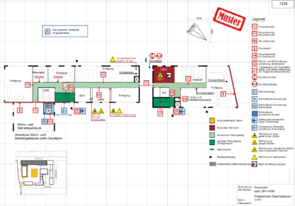 Feuerwehrplan und Laufkarten mit Symbolen, erstellt mit der Software "Fluchtplan 2021" der Weise Software GmbH