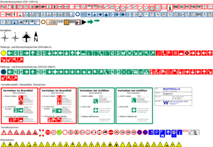 Die erweiterebare Symbolbibliothek der Software Fluchtplan 2024 enthält Symbole nach DIN 14034-6, DIN 4844-2, DIN ISO 23601 sowie Verkehrs- und Warnzeichen.