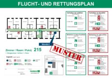 Mehrsprachige Ausführung eines Zimmerplans aus dem Hotel-/Gastgewerbe