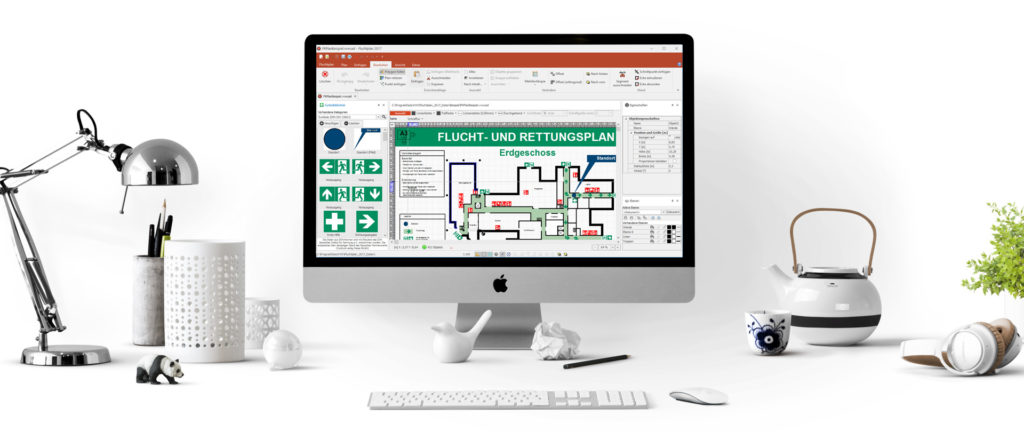 Arbeitsplatz mit Fluchtplan Software mit der man Flucht- und Rettungsplan erstellen kostenlos kann.