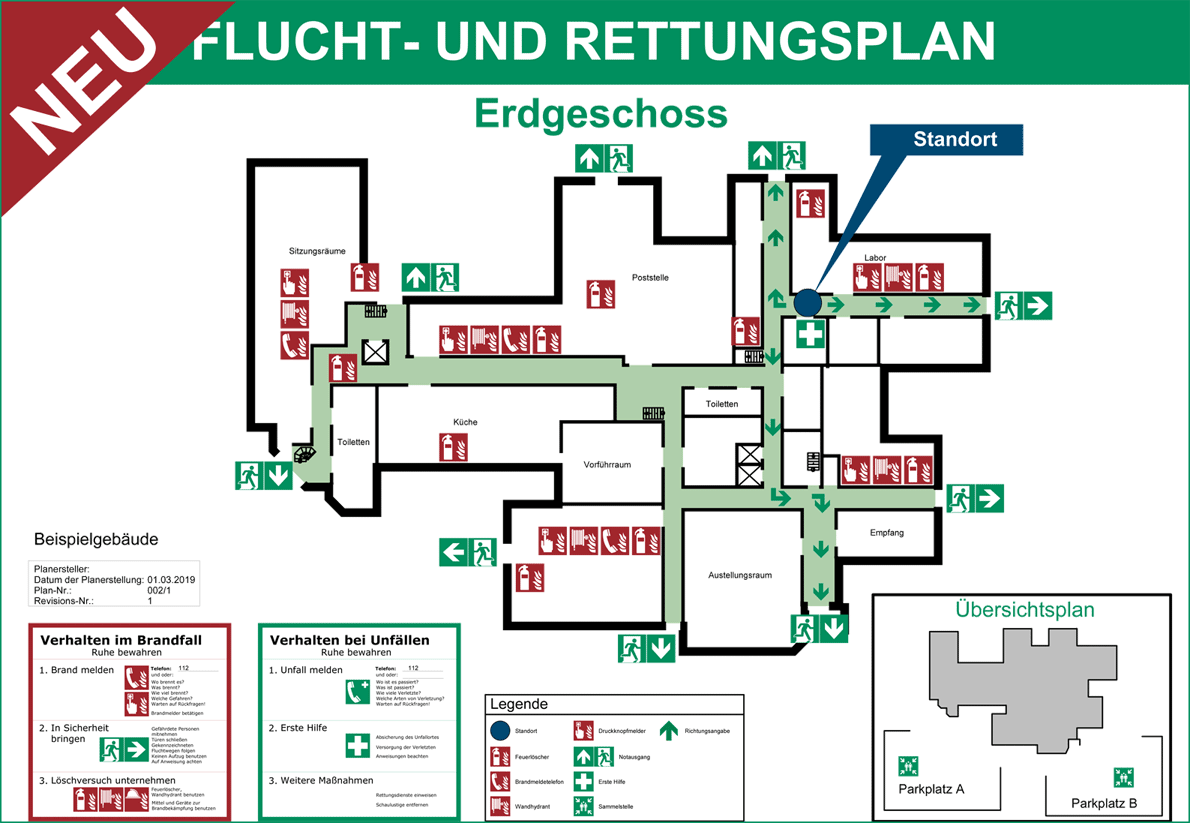 Nach Ihrer Vorlage erstellen wir einen Flucht- und Rettungsplan gem. DIN ISO 23601 und weiterer Vorschriften