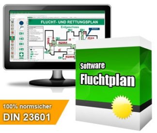 Die professionelle Softwarelösung "Fluchtplan 2022" dient zur Erstellung von Flucht- und Rettungswegplänen gem. DIN ISO 23601