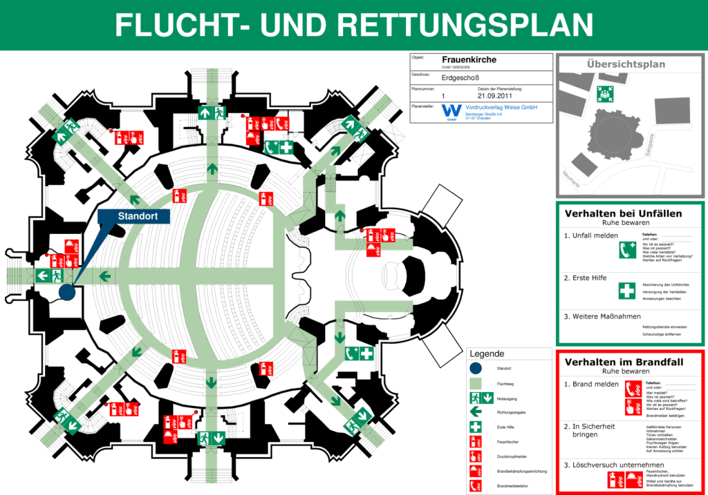 Dieser Flucht- und Rettungsplan nach DIN ISO 23601 enthält alle notwendigen Bestandteile und ist normgerecht gestaltet.
